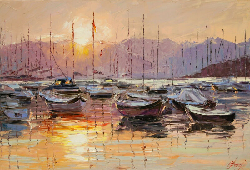 Sundown on Resting Boats - Elena Bond - 2016 - Framed Decorative Art Work Singed