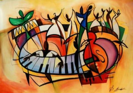 "Fiesta" by Alfred Gockel Framed Fine Art Canvas Music Figures Abstract