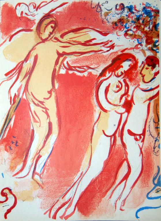 Adam and Eve Hunts of the Terrestrial Paradise by Marc Chagall Original Color Lithograph