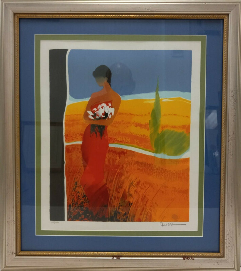 Red Dress and White Flowers By Emile Bellet - Framed Contemporary Fine Art