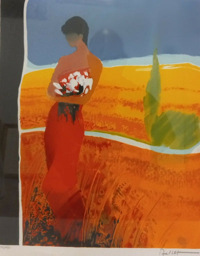 Red Dress and White Flowers By Emile Bellet - Framed Contemporary Fine Art