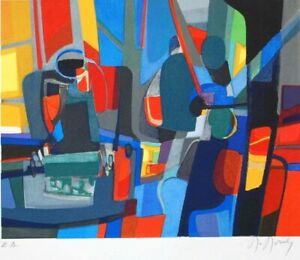 MARCEL MOULY "Personnages Cubiste" 2003 Hand Signed Abstract Lithograph with COA