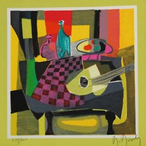MARCEL MOULY "Table, Guitare Et Bouteille" 2003 Original Signed Lithograph